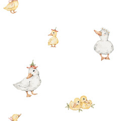 Fototapeta premium Watercolor seamless pattern with farm animals. Rabbit, duck, duckling, chicks, flowers, checkered background