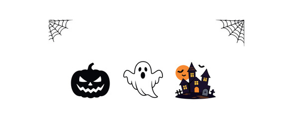Fototapeta premium Simple halloween vignette with a carved pumpkin, floating ghost, haunted house silhouette, and spiderweb corners in solid, outline, and colored icon styles for seasonal graphics.