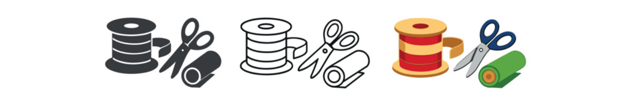 Three small icons showing a thread spool, scissors, and a roll of fabric in solid, outline, and colored styles for craft, tailoring, or hobby graphics.