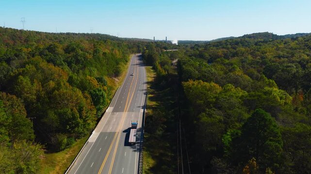 Multi-lane Road Of U.S. Highway 270 Near Jones Mill Quarry In Hot Spring County, Arkansas, USA. Aerial Wide Shot