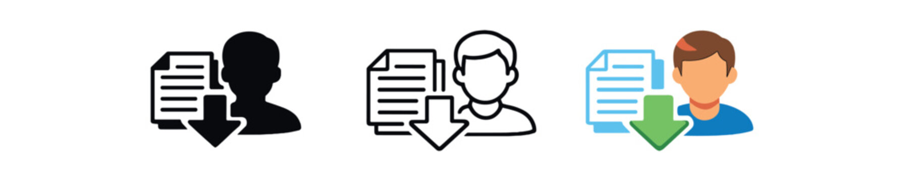 Series of icons showing a user head beside a document and a downward arrow in black, outline, and colored versions for download or profile export actions.