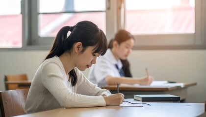 Students diligently writing in a classroom, sunlight beaming through the window. Focus is on the first student