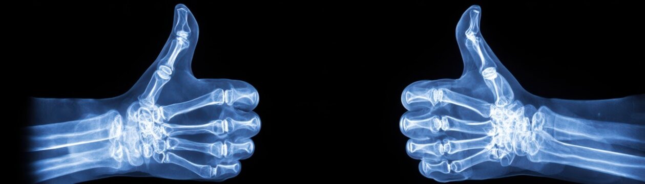 X ray  showing two human hands giving  thumbs up gesture against black