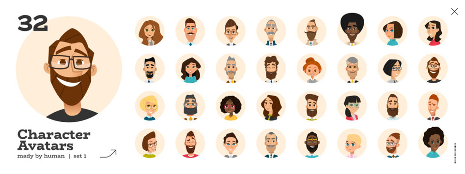 Cartoon Character Avatar People with A Diverse Set of Vector Portraits for Business. Flat Design Illustrations of Professional Men and Women in A Front View, Featuring Various Hairstyles Collection