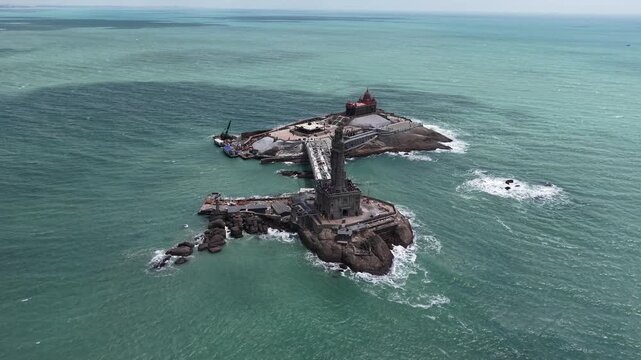 Aerial View of Thiruvalluvar Statue and Vivekananda Rock Memorial Kanyakumari India