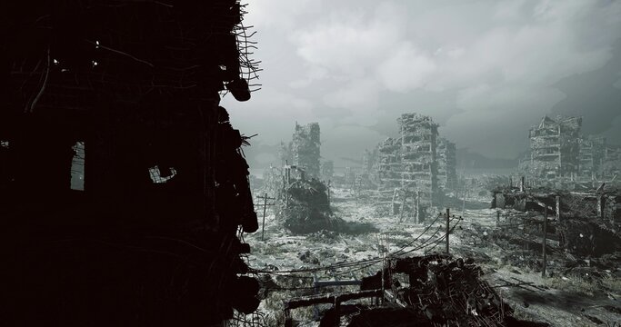 ruined city skyline shrouded in fog, broken towers looming over rubblestrewn avenues, collapsed overpasses and scattered concrete skeletons, muted gray palette