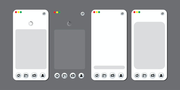 Set of Browser Window Mockups with Loading Screen, Gallery and Mobile Webpage UI Templates on Dark Background