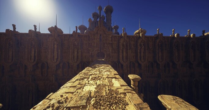 Sunlit stone causeway leading to ancient citadel gate, expedition team imagines heroic procession with looming battlements, wide sky and dramatic long shadows.
