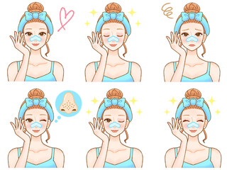 鼻パックでスキンケアする大人女性の美容イラスト素材セット2