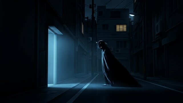 Eerie figure stands in a dark, narrow city street, bathed in cool blue hues