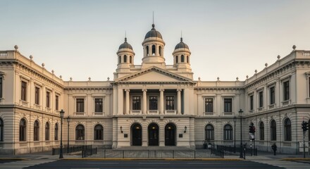 Naklejka premium Grand, symmetrical building with multiple domes, colonnades, and windows