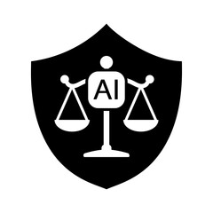 AI Governance Shield and Balance Scale Icon &ndash; Artificial Intelligence Regulation, Ethics, Security and Compliance Concept