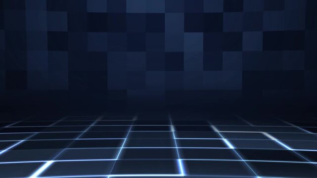 Futuristic digital grid floor glowing blue neon lines technology background 3d