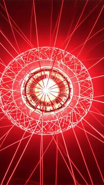 Vertical video: Pulsing on power, round room ceiling light glowing with bulb and red rays