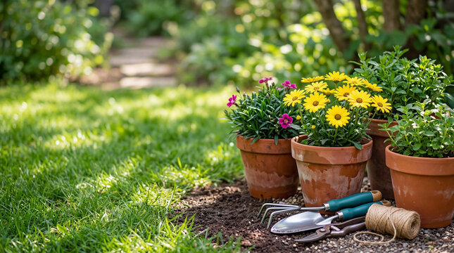 Potted plants with colorful flowers and essential gardening tools neatly arranged alongside a lush green garden path.