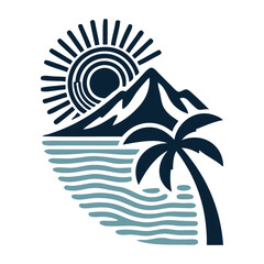 Logo agencia de viajes. Vacaciones de verano. Dibujo sencillo con un paisaje con la palma, una isla con montaña, sol y olas de mar con líneas  © teracreonte