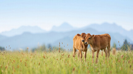 Two adorable young brown calves standing together in a lush green field with distant mountains and clear blue sky. © Terry