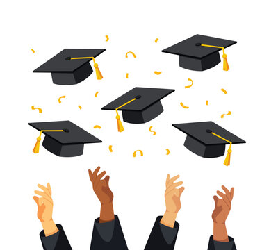 Graduate students hands in academic gowns throwing graduation caps. Silhouette high achievements. Graduation event. Flat design modern vector illustration concept