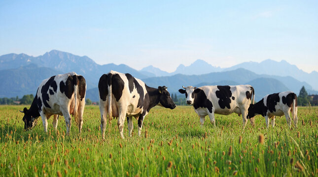 A photograph of a small herd of black and white dairy cows grazing in a vibrant green pasture with majestic mountains.
