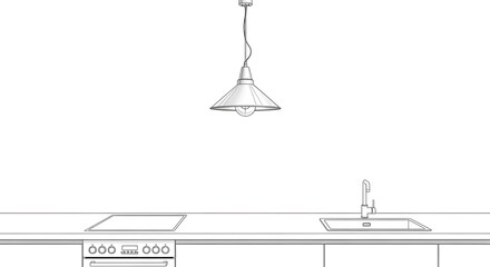 Fototapeta premium A kitchen countertop with sink and hanging light fixture