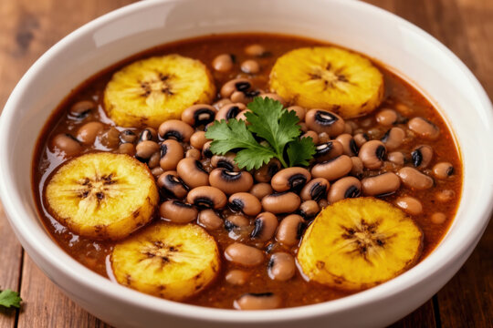 A bowl of hearty Nigerian Ewa Dodo featuring black-eyed pea stew and golden fried plantains, representing traditional West African home-cooked comfort food.