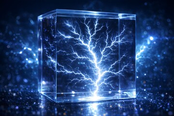 Frozen Lightning Fractal Encased in Transparent Acrylic Block for High Voltage Energy Concept Background
