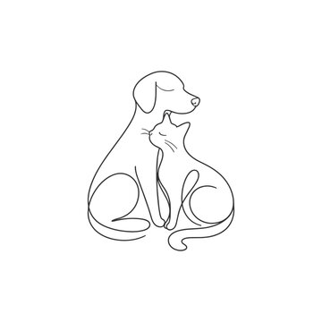 Minimal One Line Dog and Cat Friends Icon, Cute Pets Line Art Illustration