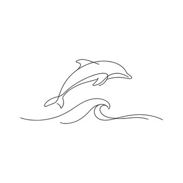 Jumping Dolphin One Line Icon, Ocean Wave Dolphin Minimal Line Art