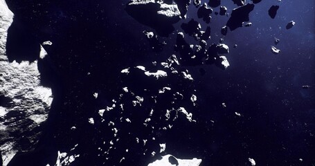 Asteroid field drifting through deep space, icy fragments casting sharp shadows across starry void, abandoned mining probe visible among rubble, sense of cold © icetray