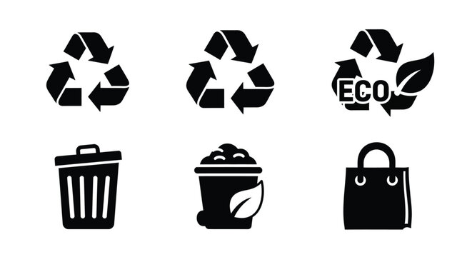 Eco-friendly icons set, recycling symbols, eco logo, trash can, compost bin, shopping bag, for environmental campaign or website, isolated on transparent background, png