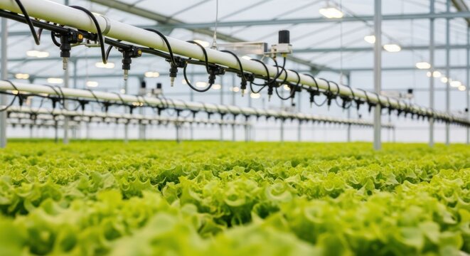 Interior view of hydroponic greenhouse filled with lush green lettuce