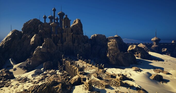 Sunlit desert ruins with towering spires, explorer surveying ancient outpost under clear blue sky and long shadows. Dramatic sandstone formations surround