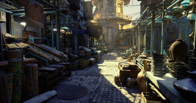 long urban bazaar perspective with layered stalls and warm backlight, tourist imagined photographing architecture and vendor displays, long shadows and textured