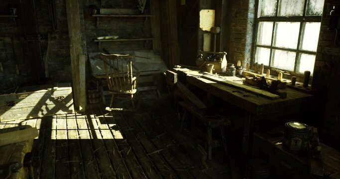 quiet vintage toolroom with soft spilled light across bench and shelves, jars and tools arranged in patient disorder, worn floorboards and muted tones evoke