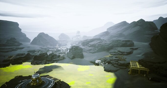 winding path toward remote outpost with scout rover surveying rocky canyon and waypoint beacons scene evokes reconnaissance, mapping and route planning