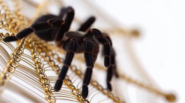 Black tarantula spider on golden jewelry chain.