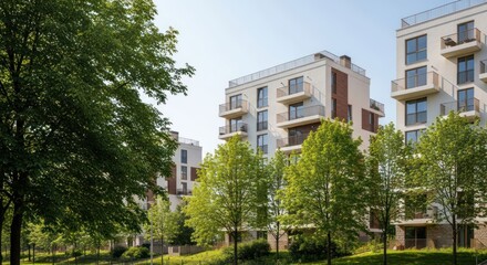 Fototapeta premium Modern apartment buildings framed by lush green trees under a clear sky