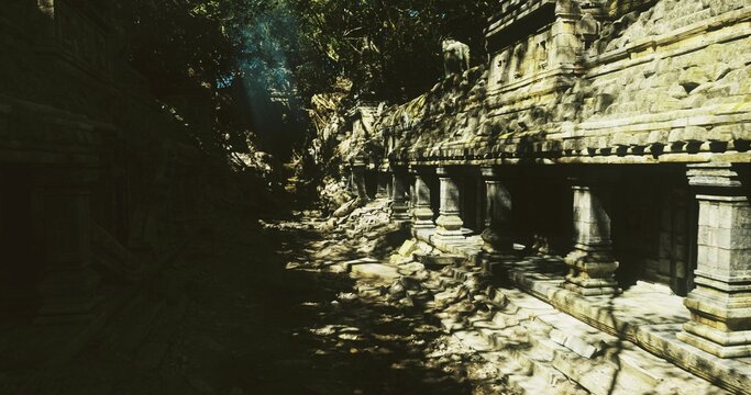 Ancient structure preservation, Ancient monument with intricate stonework and encroaching plant life demands careful restoration and preservation