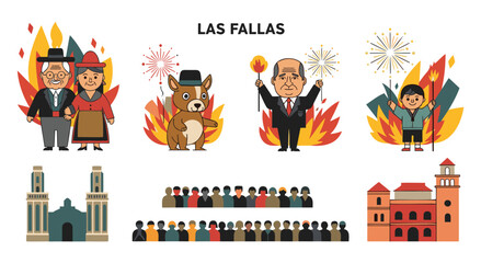 Fototapeta premium Las Fallas festival celebration with traditional figures and fireworks