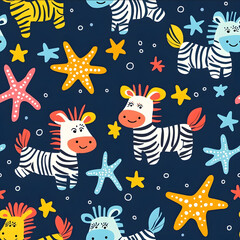 cute cartoon seamless pattern with colorful striped zebras starfish and sea stars on a blue background vector illustration for baby fabric prints wallpaper