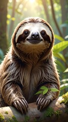 Fototapeta premium Close-up of a happy sloth in a vibrant jungle, basking in sunlight