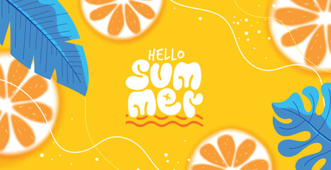 Hello summer greeting clipart background. Summer abstract tropical leaves and orange citrus slices in vibrant yellow background for holiday card vector illustration.   © Grafiqwrk 2.0