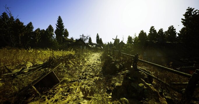 Bright sunlit meadow path at sunrise, golden rays piercing dewcovered grass, broken wooden fence casting linear shadows across field, open horizon with distant