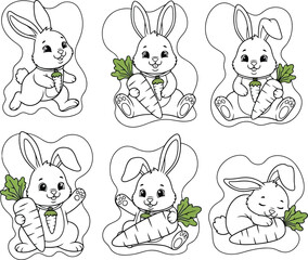 Obraz premium Six cartoon bunnies holding carrots in various poses Black outline coloring book