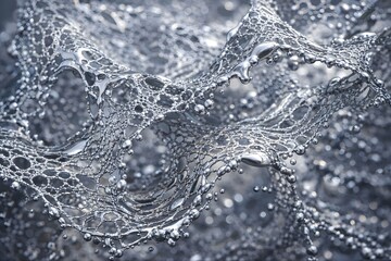 Liquid Mercury Lace Structure Formed by Surface Tension for Futuristic Material Texture Background
