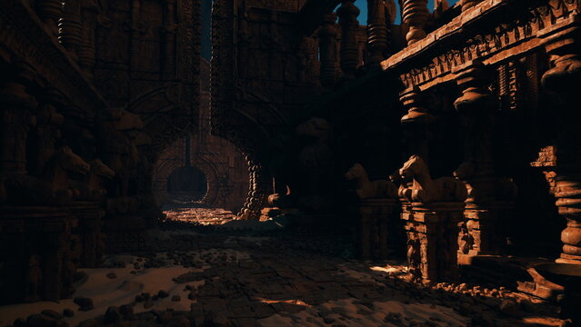 Shadowed carved corridor with glowing orb and drifting particles, flanked by tall pillars and ornate colonnade, deep chamber depth, textured stone floor, pools