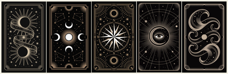 Set of tarot card backs with celestial motifs—moons, suns, stars, compass rose—on black, gold, and cream, elegant, mystical, and vintage-style illustration.