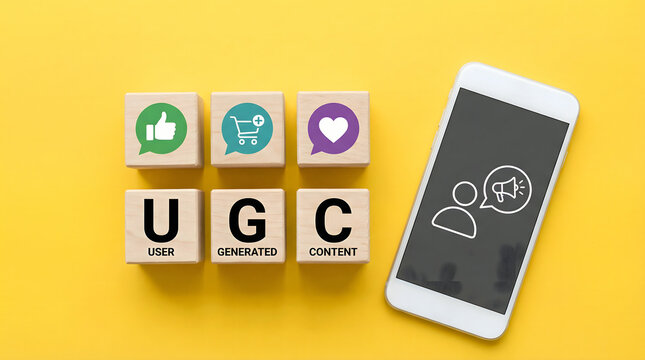 User Generated Content UGC concept with social media icons and smartphone on yellow background