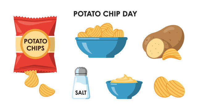 Potato chip day snack collection with salty crisps and dip for party food theme