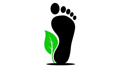 Black footprint silhouette with a green leaf, symbolizing eco-consciousness on a white backdrop